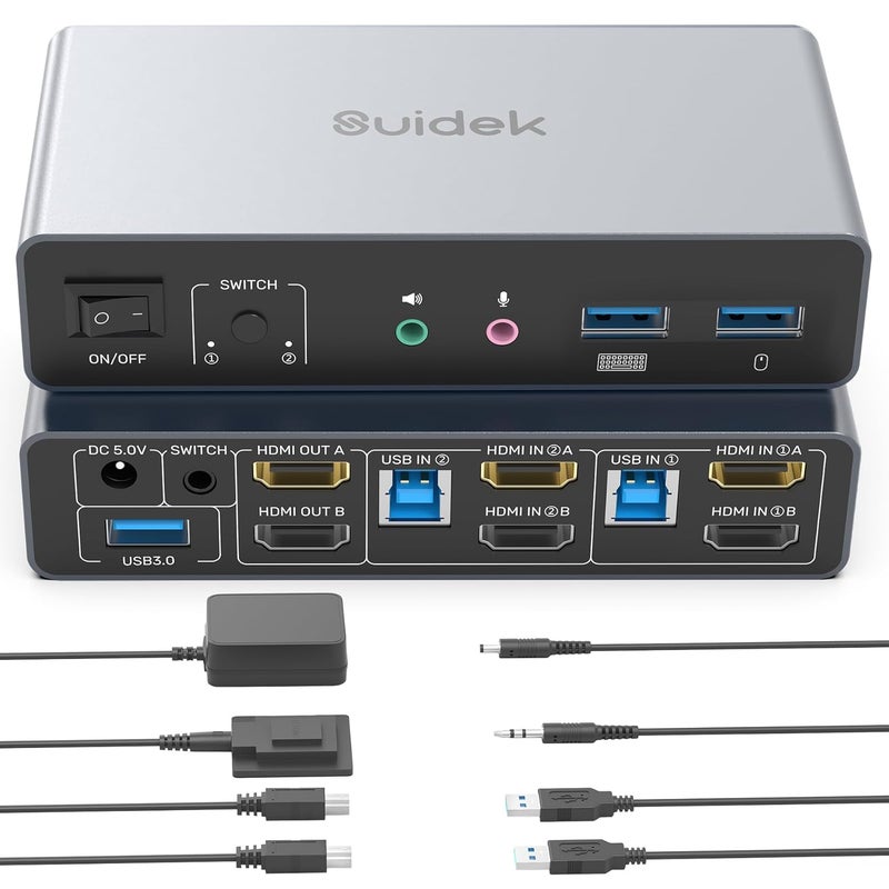 SUIDEK HDMI KVM Switch 2 Monitors 2 Computers, Dual Monitor KVM USB Switcher 4K@60Hz, HDMI Extended/Mirror Display for 2 PC Share 2 Monitors, with 3 USB 3.0 Port, Desktop Controller and 2 USB Cables - Image 1